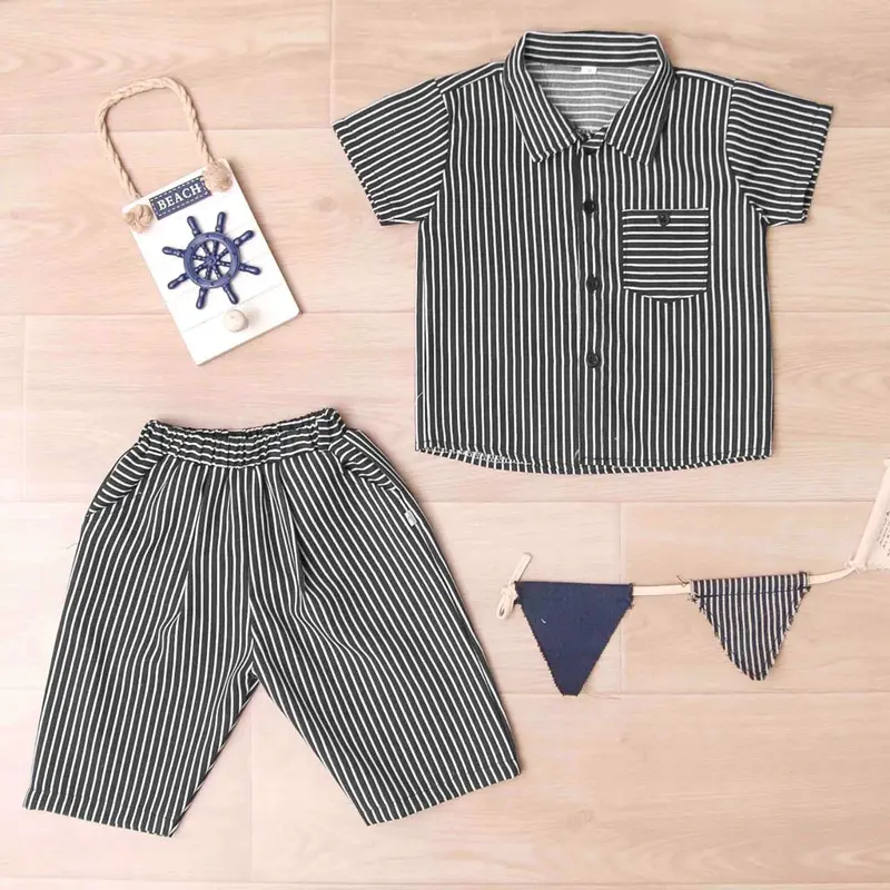 DhadomKids - SETELAN KEMEJA CELANA 7/8 SALUR ANAK LAKI LAKI & PEREMPUAN ( UNISEX) USIA 1-6 TAHUN (SALUR HITAM) 1
