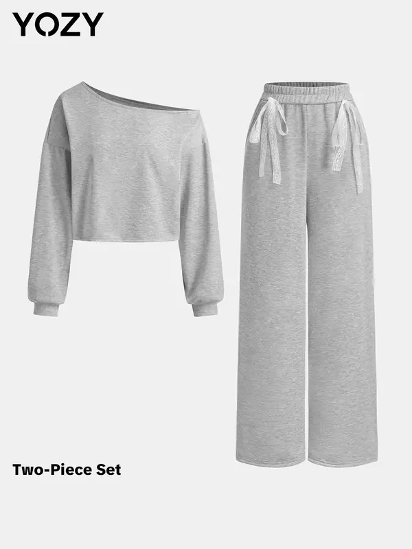 YOZY Women's Solid Asymmetrical Neck Sweatshirt & Elastic Waist Pants Two-piece Set, Casual Long Sleeve Pullover & Pocket Trousers for Fall & Winter, Women's Clothes for Daily Wear 0