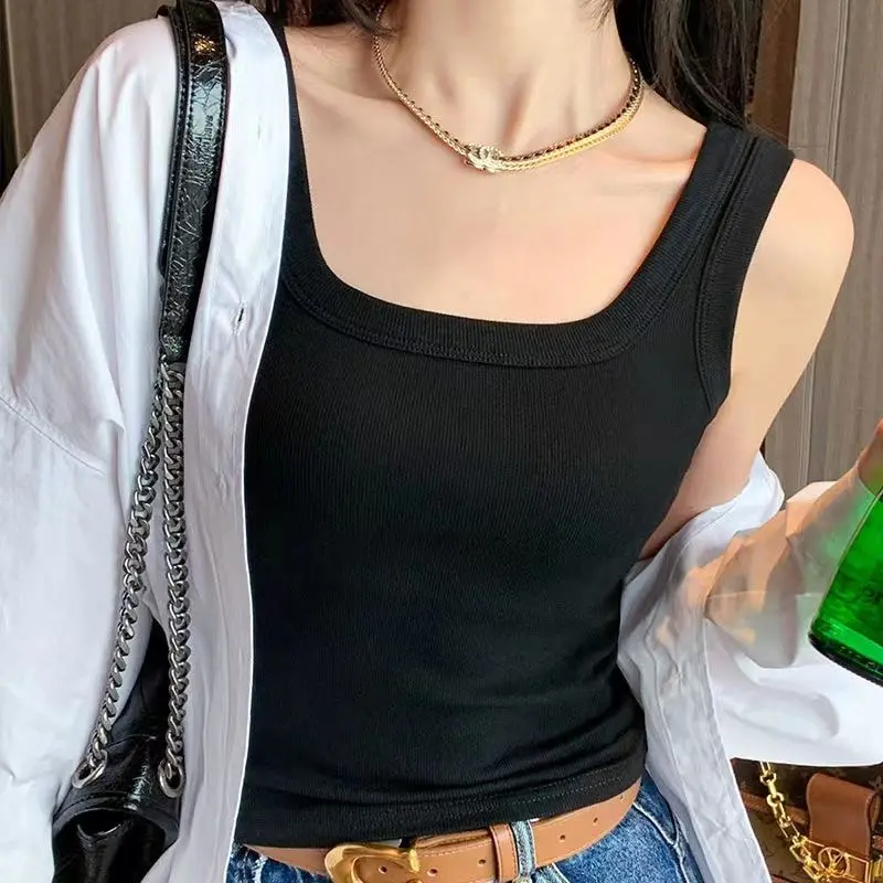 Áo Hai Dây Cổ Bẻ Lớn Vai Rộng Dễ Phối Đồ Màu Trơn Áo Vest Bên Trong Cho Nữ Mùa Mùa Xuân Và Mùa Hè 2024 Che Ngực Para-Có Thể Mặc Ngoài Trời, Áo Cơ Sở