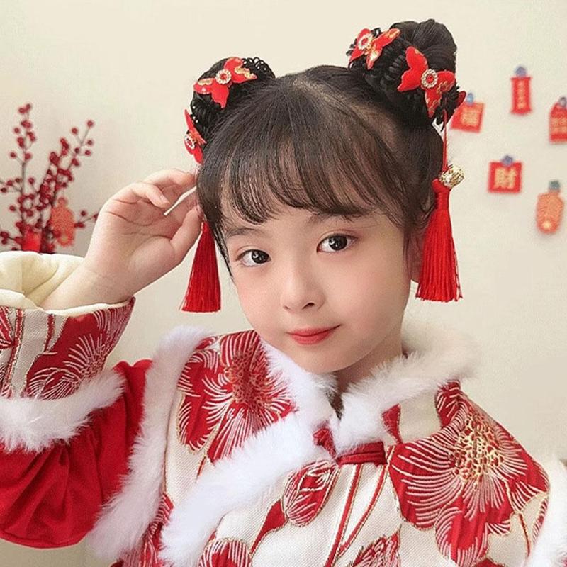 Product Introduction of Tóc Giả Trẻ Em, Phụ Kiện Tóc Scrunchies Bóng Tua Rua, cài tóc Cô Gái Năm, Phong Cách Cổ Trang Mới, C4J1 27