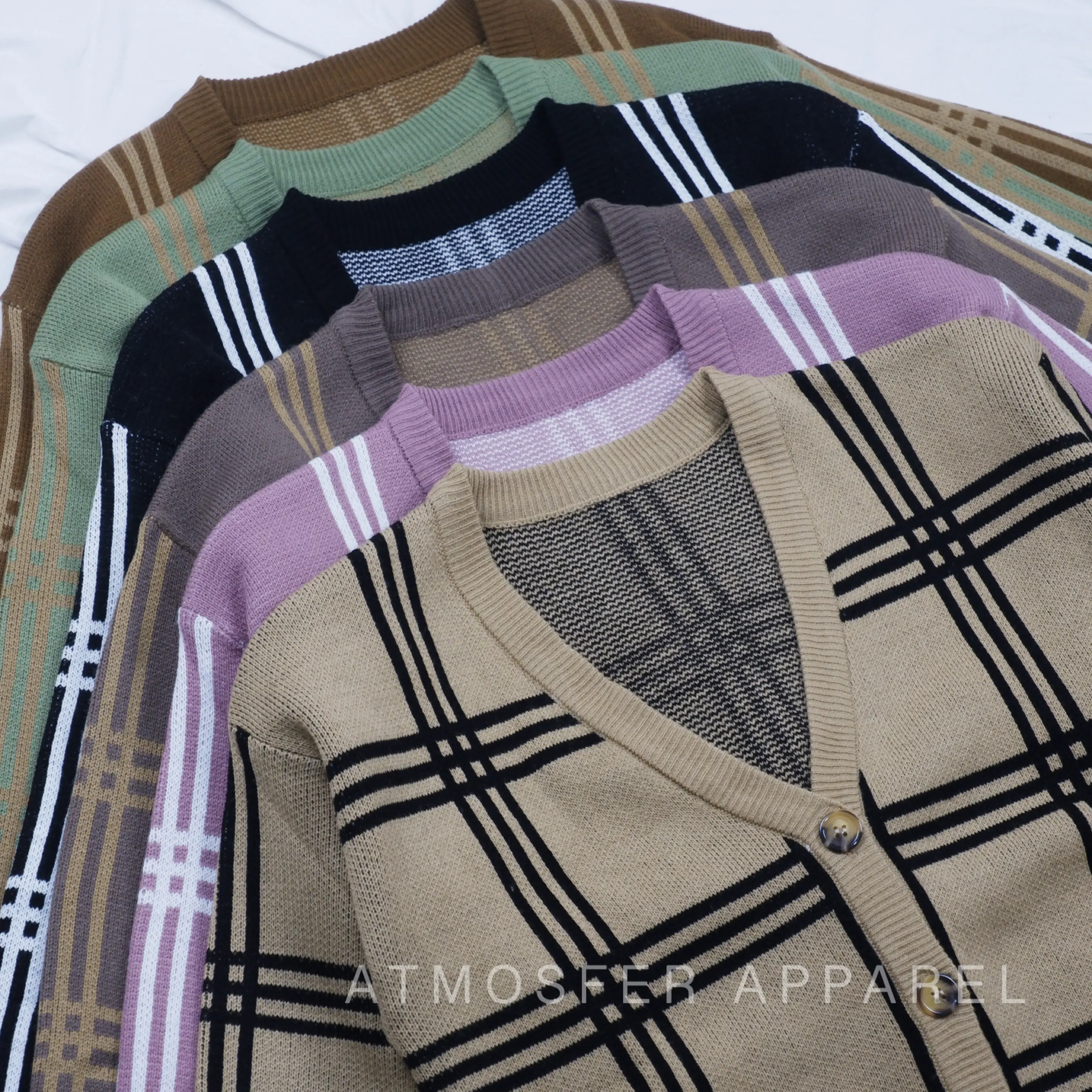 Mingyu Cardigan Rajut Wanita Oversize Jumbo Motif Kotak Knitwear Lembut Outer Garis Kardigan Kancing Sweater Panjang