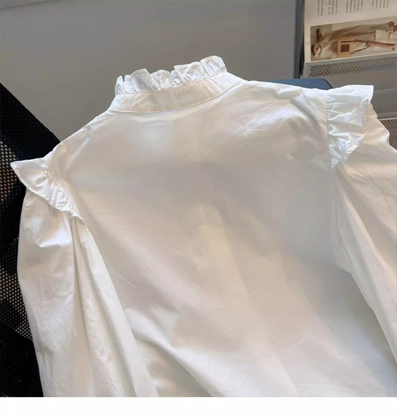 Product Introduction of Áo Sơ Mi Selvedge Dây Phong Cách Pháp, Đồ Lót Nữ Mùa Xuân Và Mùa Thu, Thiết Kế Đẹp, Cổ Điển Độc Đáo Tay Chuông Ngắn Cổ Chân Đế Áo Trắng 12