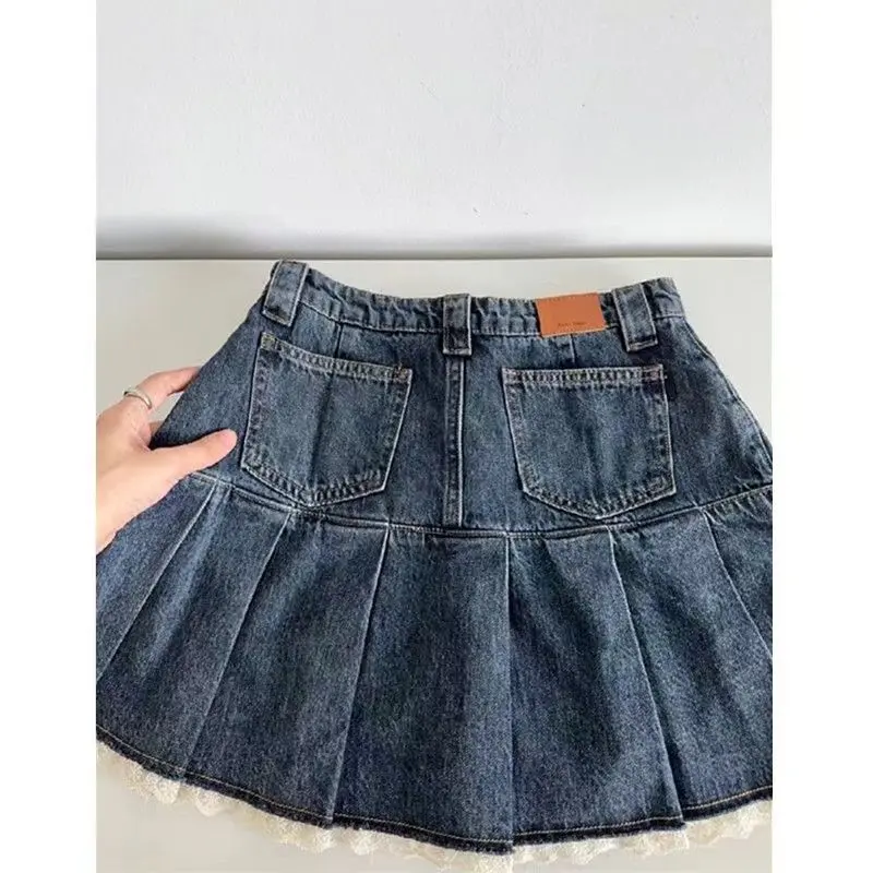 Chân Váy Denim Xếp Ly Ren Ngọt Ngào Hàng Mới Về Mùa Hè, Dành Cho Nữ, Cạp Cao, Chữ A Mỏng Vừa Vặn, Chống Lộ, Phong Cách 2024 5