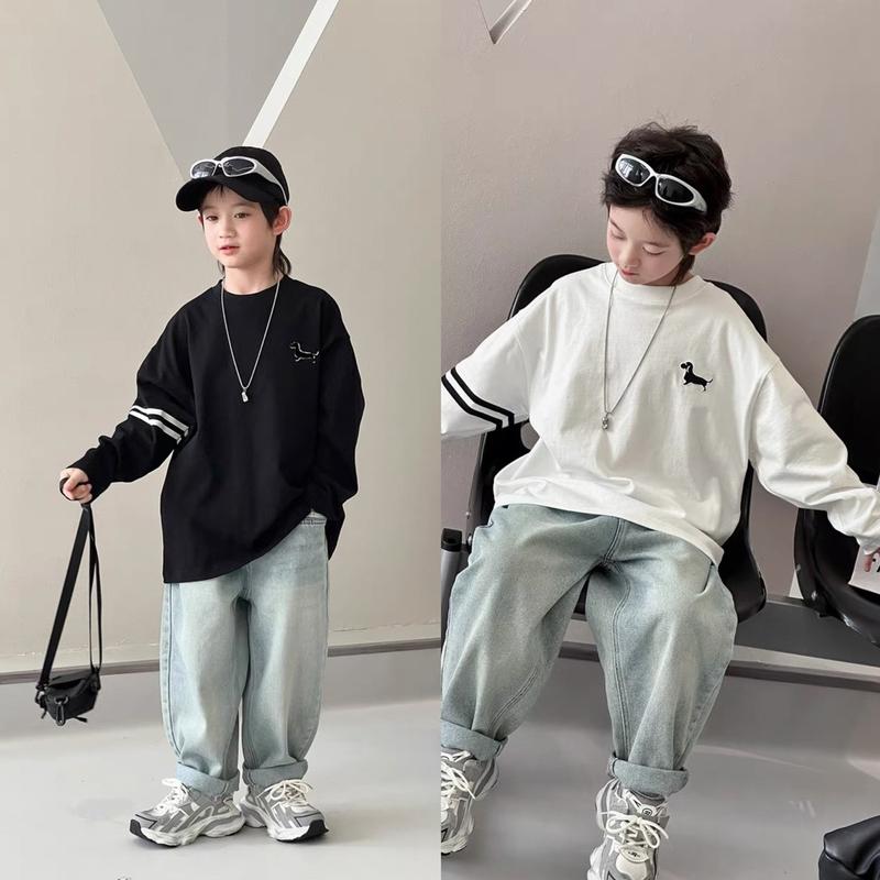 ( mẫu mới có bo tay) ÁO PHÔNG THU ĐÔNG DÀI TAY 2 MÀU TRẮNG ĐEN CHẤT COTTON MỎNG FORM RỘNG CHẤT MỀM MỊN THÊU HOẠ TIẾT PHÙ HỢP BÉ TRAI VÀ BÉ GÁI