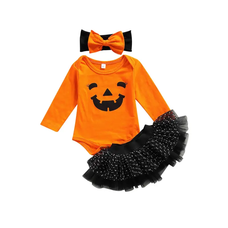 Trang Phục Halloween Cho Em Bé Bộ 3 Món, Áo Liền Quần Bí Ngô, Váy Tutu, Băng Đô 5