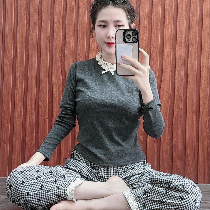 Bộ Thun Gân Tay dài Ren cổ Quần đũi baggy ống xếp 2345