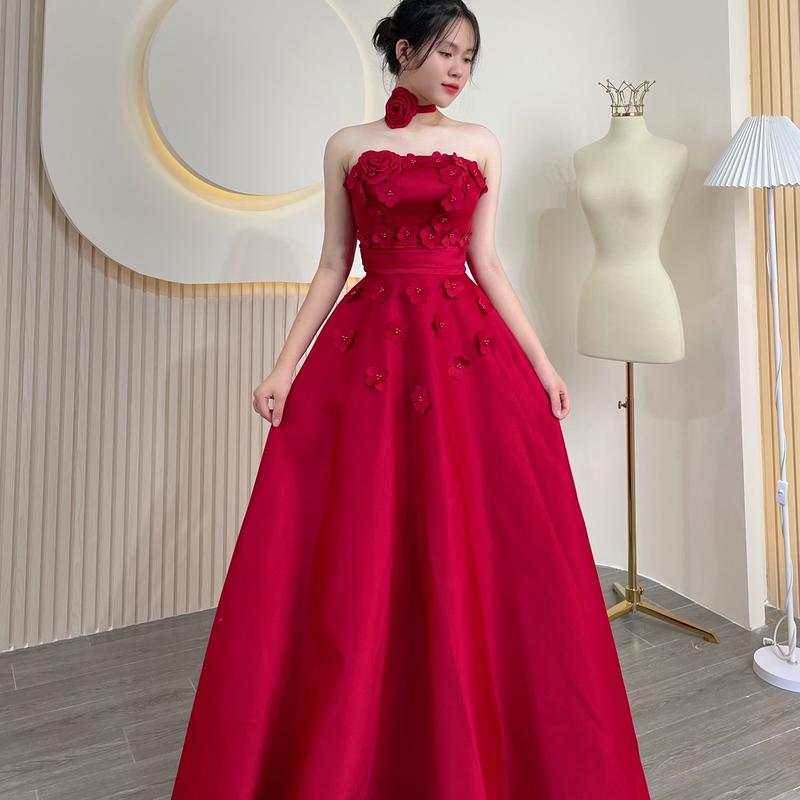 Váy Phi Đi bàn, Đi Tiệc Cúp Ngực Màu Đỏ, Trắng Dáng Suông Chạm Đất Có Cổ Bông Hoa Rời Rất Đẹp, Sang Trọng, Bánh Bèo Nữ Voan Women Dress Váy  Cưới  Cô  Dâu  Màu  Đỏ