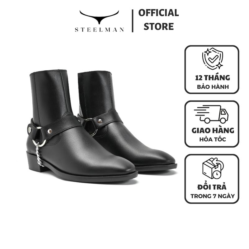Giày Zip Boot STEEL MAN khóa kéo YKK chống kẹt chất liệu da đen trơn đế cao su 4cm kiểu dáng hiện đại thời trang