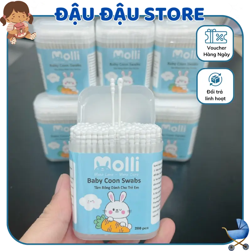 Tăm bông trẻ em Molli kháng khuẩn (Hộp 200 Que Lõi Giấy)  cho bé sơ sinh ngoáy tai, mũi -  Thiết kế 2 đầu đặc biệt dễ dàng sử dụng 0