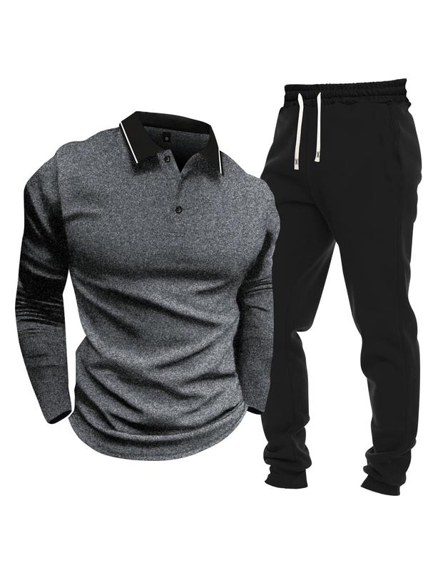 Men's Plain Button Front Polo Shirt & Drawstring Waist Pants Set, Regular Fit Long Sleeve Collared Top & Jogger Pants, Men Two-piece Outfits for Spring & Fall 2