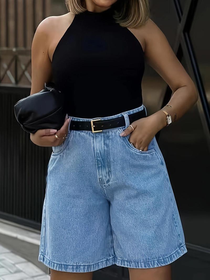 Product Introduction of Women's Denim High Waist Overalls without Belt, Casual Street Comfy Shorts for Daily Wear, Ladies Bottoms for All Seasons 4