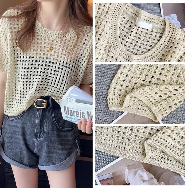 Hollow Top Women Short Sleeve Knitted Shirt Loose Round Neck Ice Silk Unique Mesh Blouse PR Beach Clothes  Womenswear