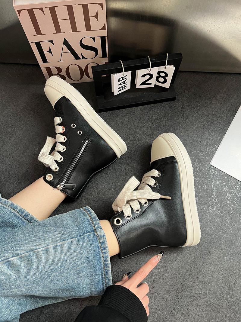 Product Introduction of Fashionable Colorblock High Top Lace Up Sneakers, Casual Comfortable Round Toe Shoes for Daily Wear, Female All-match Shoes for Daily Wear 2