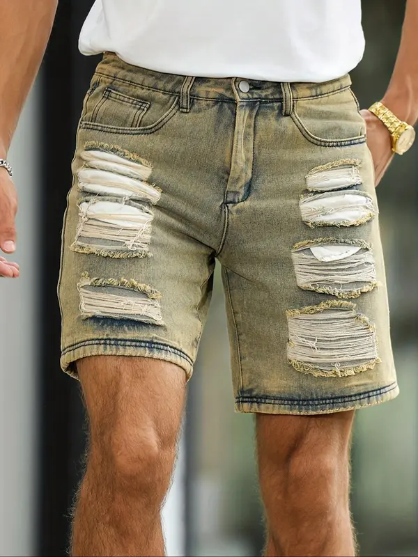 Men's Regular Fit Solid Color Distressed Ripped Denim Shorts, Casual Comfy American Retro Shorts for Summer, Fashion Men's Bottoms for Daily Wear, Cotton 4