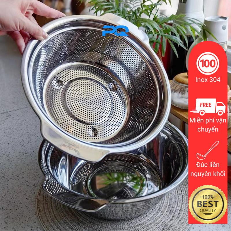 Bộ thau rổ lọc kèm chậu Chockmen inox 304 vo gạo rửa rau củ quả lưới nhỏ đúc nguyên khối