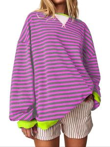 Women's Striped Print Contrast Binding Sweatshirt, Casual Drop Shoulder Long Sleeve Round Neck Pullover, Ladies Fall & Winter Clothes