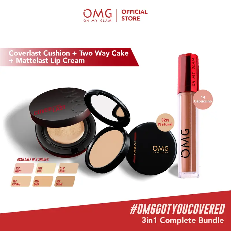 [Pilihan Creator OMG] - Buy 3 Lebih Hemat! Chic Flawless Makeup Kit OMG Oh My Glam Coverlast Cushion , Two Way Cake & Mattelast Lip Cream 1
