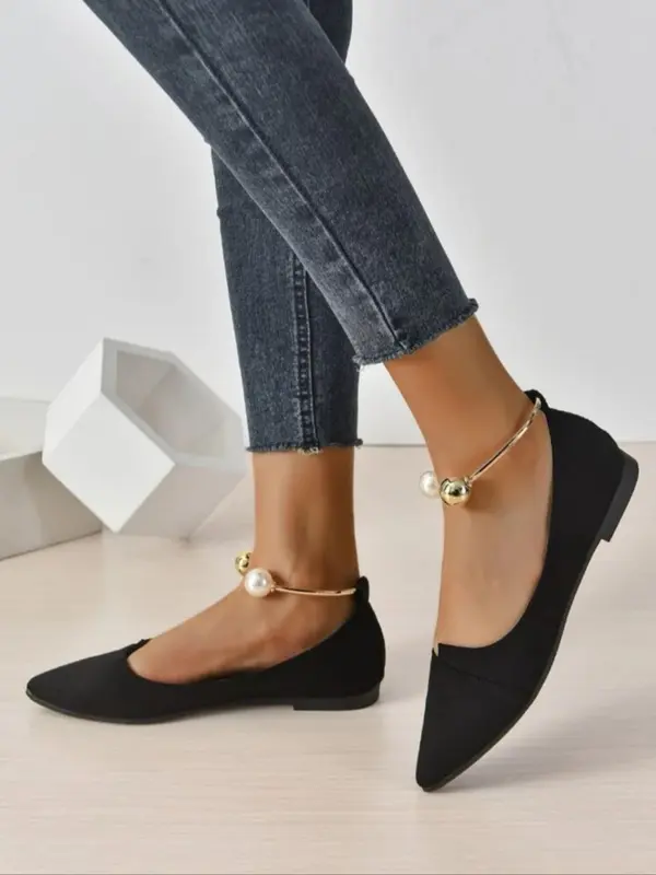 Women's Fashionable Faux Pearl Decorated Pointed Toe Flats, Elegant Ankle Strap Flats for Party, Daily Clothing Decor, Trendy All-match Shoes for Women & Girls 2