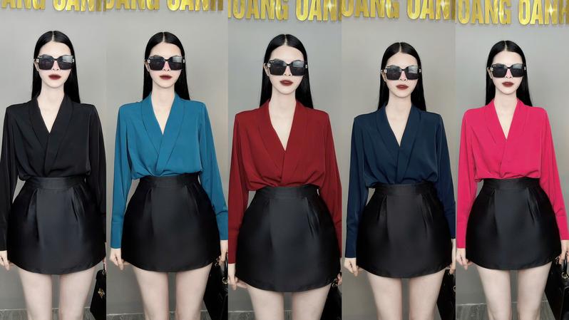 Product Introduction of Sơ Mi Lụa Trơn Dài Tay,Sơ Mi Lụa Cổ Vest đính Cúc Ngọc, Đệm vai Nữ Áo Nhung Women 0