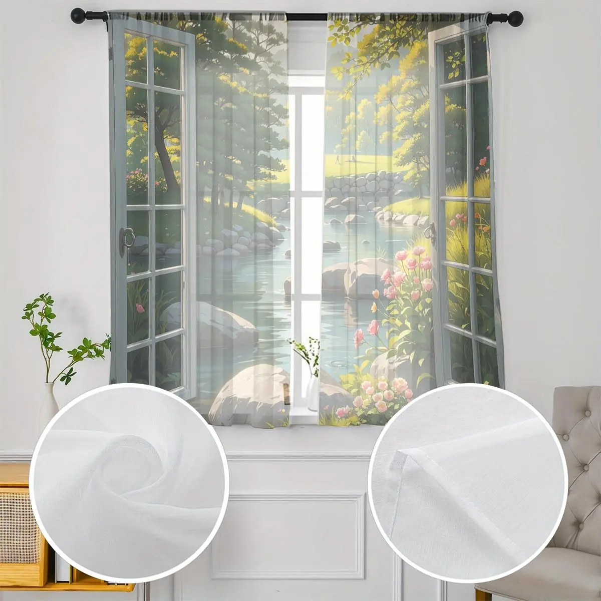 Lake Pattern Curtain, 2 Counts/set Modern Casual Window Curtain, Window Drapes for Home Living Room Bedroom Office Coffee Shop Decor