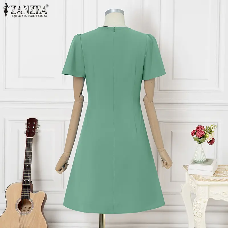ZANZEA Korean Style Women Elegant Short Sleeve O Neck Dresses Decorative  Buckle Knee Length Plain Dress - TikTok Shop Philippines