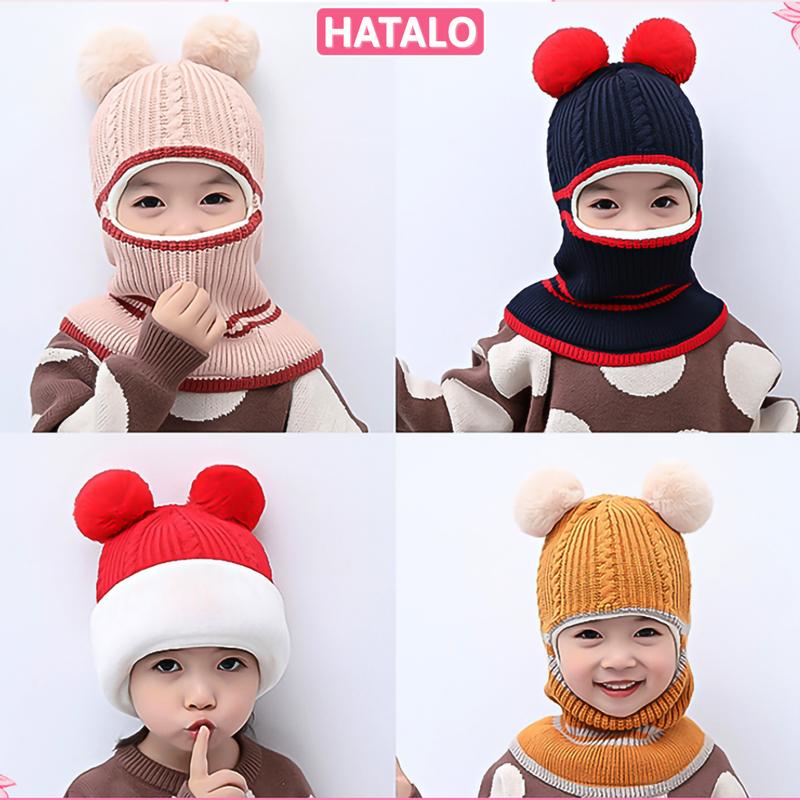  Mũ len ninja chùm đầu 2 quả bông cho bé từ 1 đến 5 tuổi Kem 