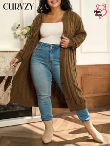 CURVZY Plus Size Solid Textured Button Front Cable Knit Hooded Cardigan, Casual Drop Shoulder Long Sleeve Hooded Knitwear for Fall & Winter, Women's Clothing for Daily Wear