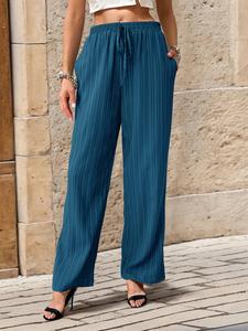 Women's Textured Drawstring Waist Straight Leg Pants, Elegant Pocket Trousers for Daily Wear, Ladies Bottoms for All Seasons