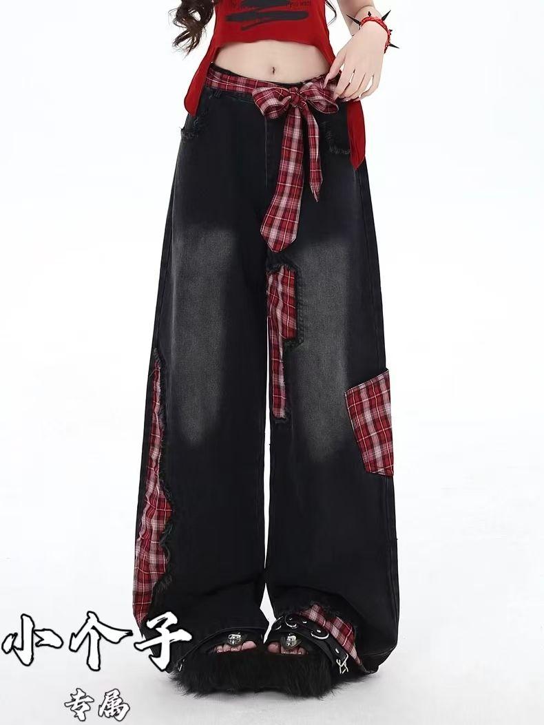 Product Introduction of Quần jeans nữ ống rộng thời trang form rộng Quần Jean Ống Rộng, Cỡ Nhỏ Phong Cách Mỹ Kẻ Sọc Chắp Vá, Có Thắt Nơ, Dành Cho Nữ, Hàng Mới Về Cho Mùa Thu Và Mùa Đông, Quần Dài Dáng Rộng Phong Cách Đường Phố Cao Cấpy2ky2kquần jeans nữquần jean ngầu 3
