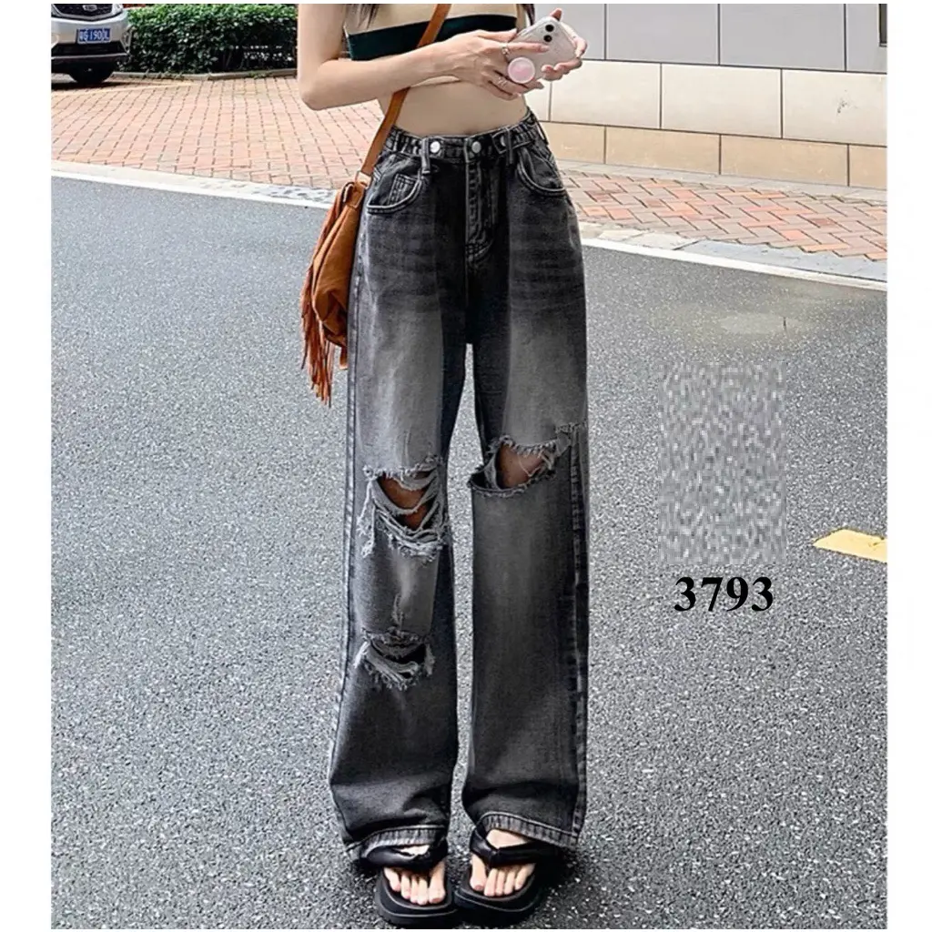 Quần ống rộng jeans nữ màu xám rách tua rua có bass lưng