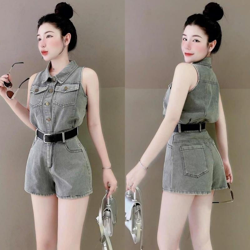 Set bộ nữ jean áo sát nách cài nút thật mix quần ngắn kèm dai thắt lưng xinh xắn dành cho các nàng diện đi chơi đi tiệc.  Women Top