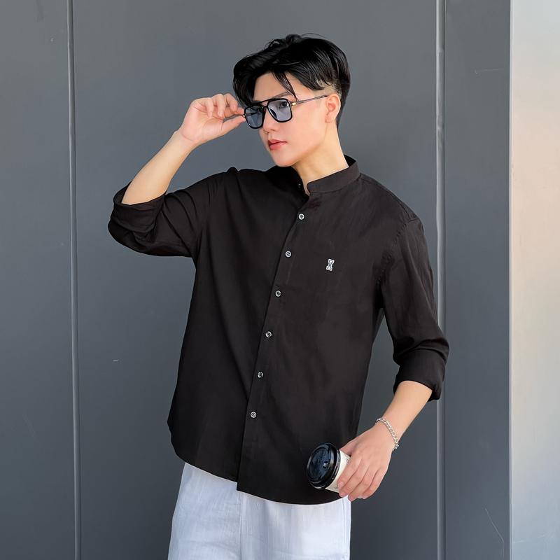ICANO MENSWEAR Áo Sơ Mi Cổ Tàu Dài Tay Vải Linen Co Giãn Màu Đen 6