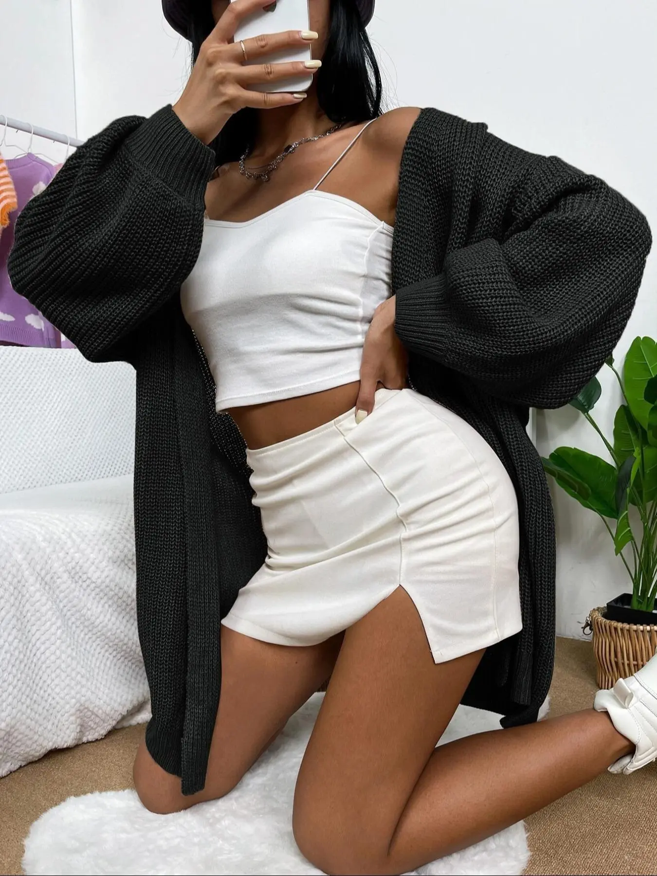 Women's Solid Hollow Out Bishop Sleeve Midi Cardigan, Casual Long Sleeve Open Front Knitwear for Fall & Winter, Women's Knit Clothing for Daily Wear