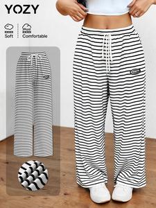 Yozy Women's Striped Print & Letter Patched Drawstring Waist Sweatpants, Casual Pocket Pants for Daily Wear, Ladies Bottoms for All Seasons