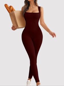 Mono deportivo de color sólido con escote cuadrado para mujer, mono casual y cómodo sin mangas para yoga y entrenamiento en el gimnasio, ropa deportiva para damas para todas las estaciones