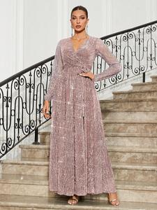 Women's Glitter Sequins Belted Wrap A Line Party Dress, Elegant V Neck Long Sleeve Maxi Party Evening Gown, Ladies Clothes for All Seasons