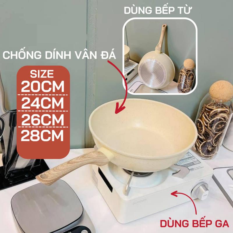 Chảo Chống Dính Bếp Từ Vân Đá Kiểu Nhật 20/24/26/28cm, Chảo CHống Dính Sâu Lòng Đáy Từ Ceramic Cán Gỗ chaochongdinh goldsun inox nồi nhỏ