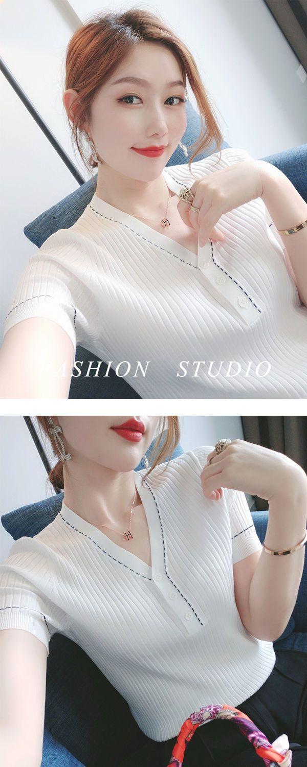 Product Introduction of Áo Thun ngắn Tay Cổ Chữ V Bằng Lụa Lạnh Dễ Phối Đồ Phong Cách Hàn Quốc Mới Mùa Hè, Dành Cho Nữ, Dáng Ôm, Bó Sát, Chắp Vá Nút, Áo Dệt Kim, Mỏng, Bó Sát 3