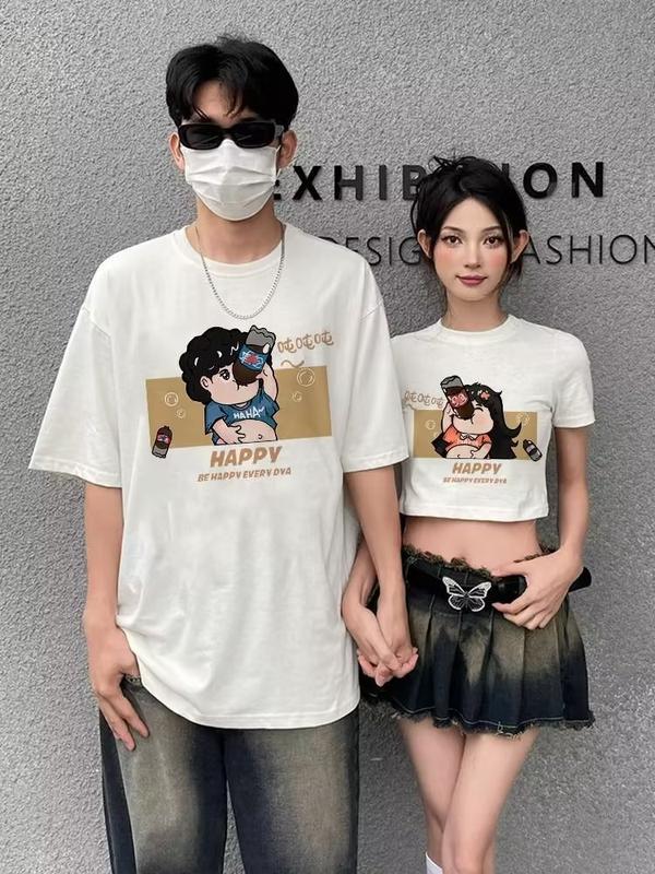 Product Introduction of Summer printed crewneck T-shirt simple fashion Harajuku Korean shorts sleeve temperament couple top 9