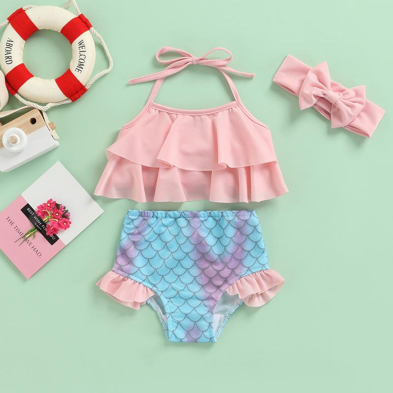 Product Introduction of Toddler Baby Girl Smoothy Soft Swimsuit Halter Ruffles Tops Mermaid Shorts Headband Bathing Suit Swimwear 3Pcs Bikini Set 6 12 18 24 Months 2-3 Years Old Kid 39