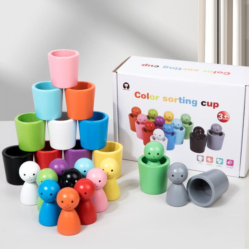 Wooden Color Sorting Cup Toy, 1 Set Color Recognition Matching Toy ...