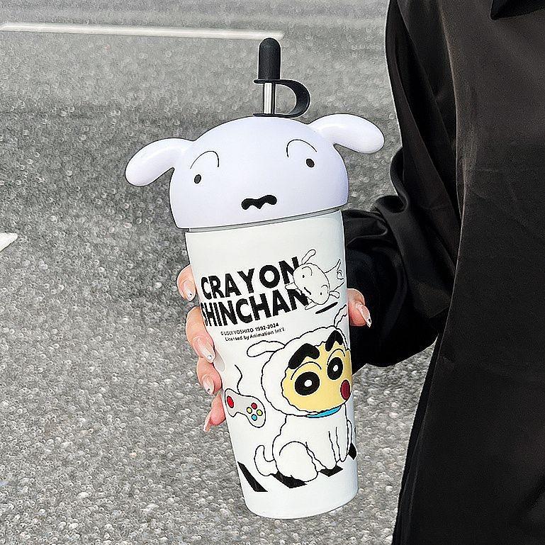 Bình Nước, Bút Chì Màu Shin Chan, Đầu To, Bình Giữ Nhiệt Ngớ Ngẩn, Dung Tích Lớn 600ml, Có Ống Hút, Cốc Quà Tặng 5