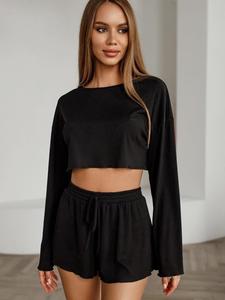 Women's Solid Crop Top & Wide Leg Pants Two-piece Set, Casual Comfy Round Neck Long Sleeve Top & Shorts PJ Set, Ladies Sleepwear for Summer, Loungewear