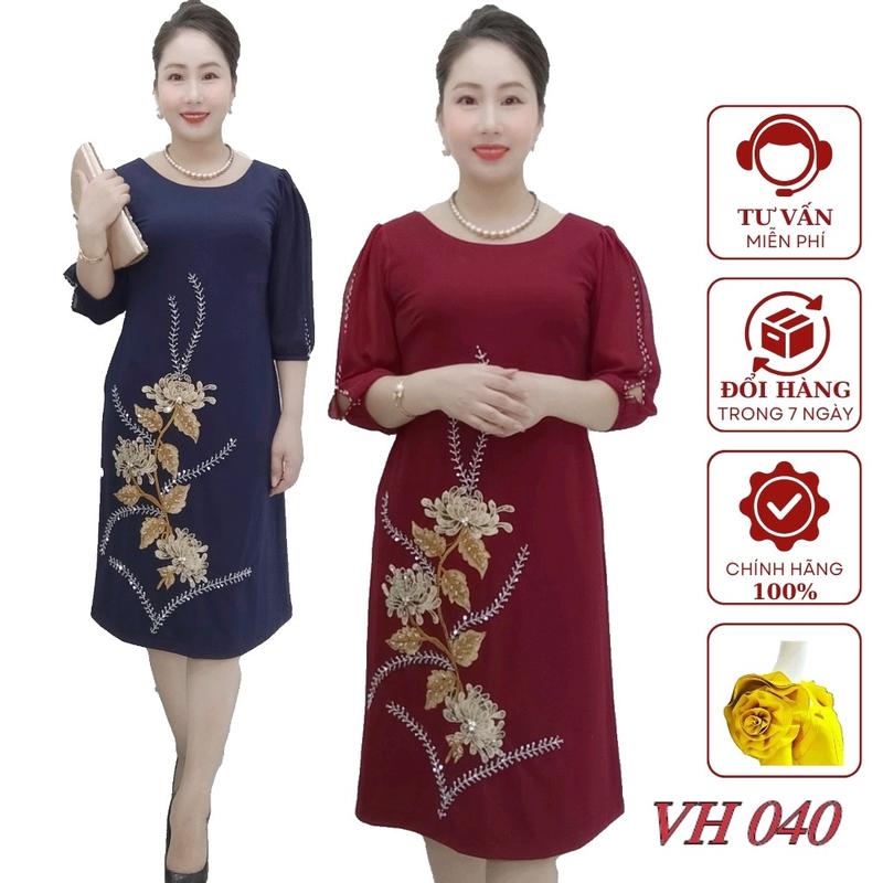 Váy đầm trung niên tặng mẹ VH040 Đính bông ,kết đá kim sa ,Sang chảnh lịch sự ,quý phái phù hợp với tuổi trung niên Nữ Dress Women Kim Tuyến Voi Voan thunumi