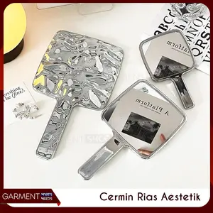 Cermin Make Up Beauty Hand Mirror Kosmetik Cermin Rias Bulat Motif Kristal Kaca Touch Up Estetik