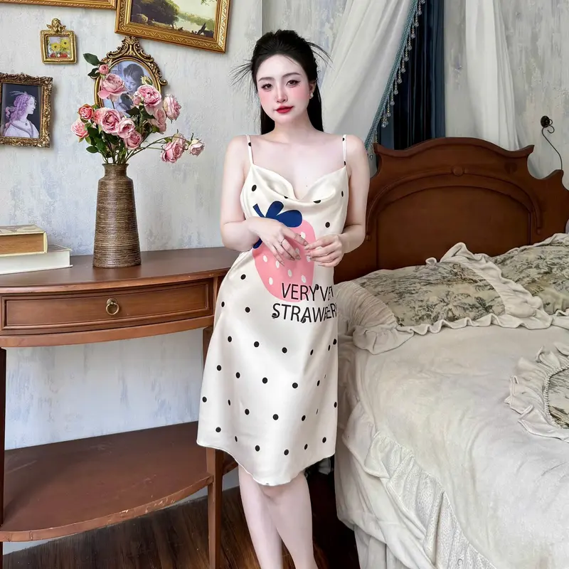 Đầm Ngủ Hai Dây Cổ Đổ Hoạ Tiết Dễ Thương Chất Liệu Lụa Latin Nhẹ Mát S1296 6
