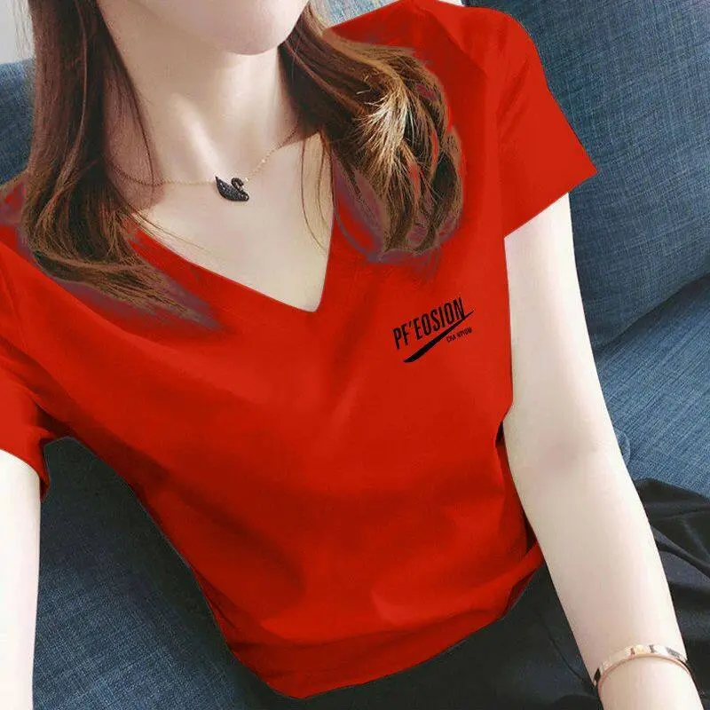 Áo Thun Nữ Mùa hè, Màu Trơn Cổ Chữ V, Ngắn Tay, Phong Cách Hàn Quốc, Dáng Rộng Vừa Vặn, Sang Trọng Và Dễ Phối Đồ Thời Trang Nữ, Hàng Mới Về Năm 2024 Top Women