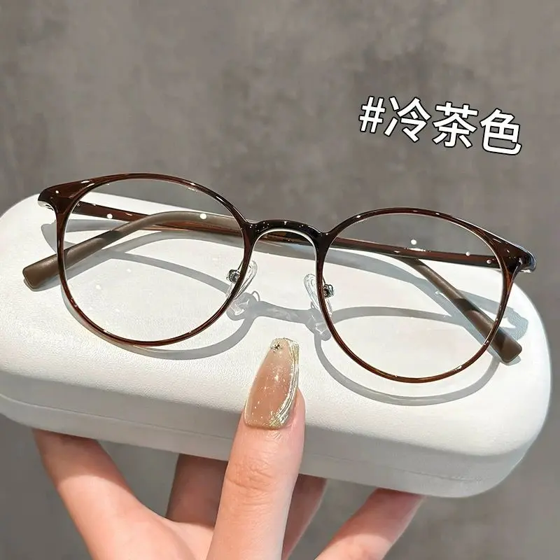 Kính Cận Thị Gọng Tròn, Siêu Nhẹ, Dành Cho Nữ, Có Thể Được Trang Bị Với Độ, Ưa Nhìn, Kính Trơn Chống Tia Xanh Màu Nâu Chanh, Mặt Không Trang Điểm, Bó Sát, Dụng Cụ Hữu Ích