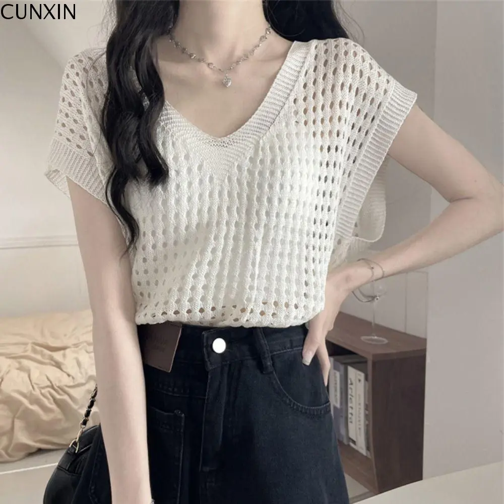 Fashion V-neck Hollow Out Knit T-shirt Loose Fishing Net Beach Crochet Sweater Vest Short Sleeve Sunscreen Sun Protection