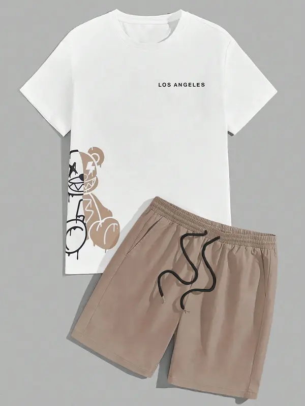 Two-Piece Set Men's Cartoon Bear & Letter Print Short Sleeve Tee & Shorts Set, Regular Fit Casual Round Neck T-shirt & Track Shorts, Summer Clothes Set for Men 6